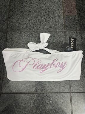 PLAYBOY White Bandeau Top with Pink Rhinestone Logo TOP ONLY